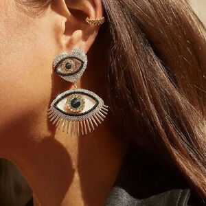 Anthropologie Heart Eyes Crystal Lucky Earrings